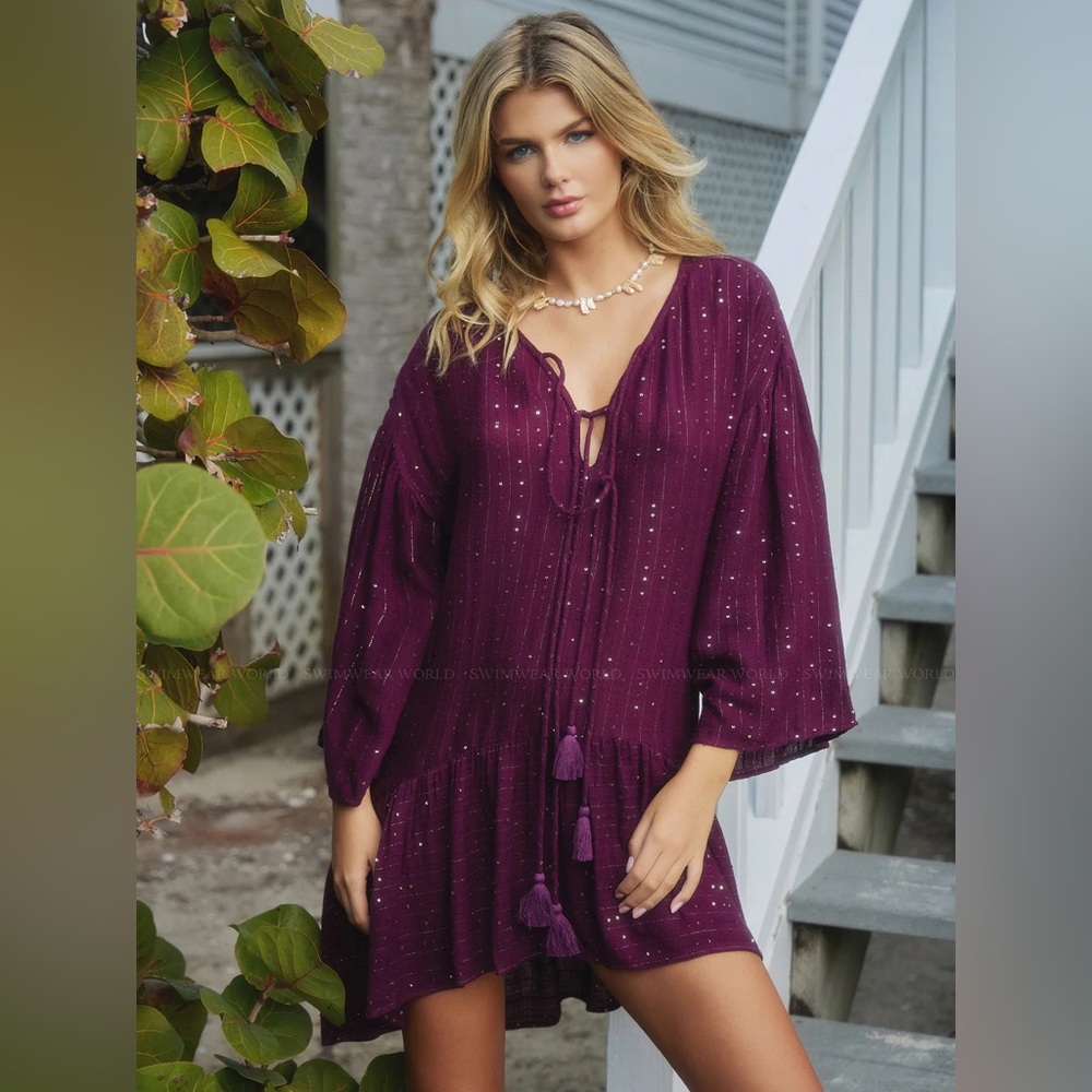 Anthropologie PQ Angelina Sequin Tunic Romantic Burgundy Feminine Mini Dress